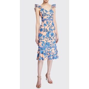 Alice + Olivia Jade Ruffle Strap Floral Midi Dress Peach Blue Size 12 Party
